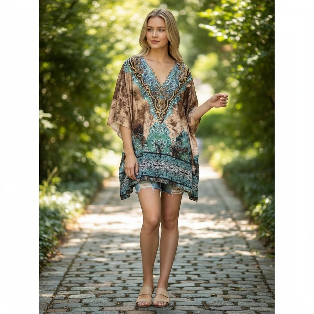 Boston Proper Embellished Kaftan Top MED Turquoise Brown Paisley V-Neck Flowy